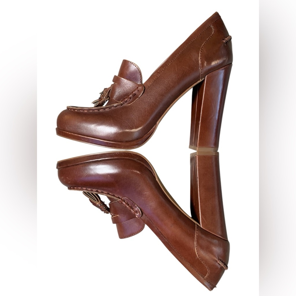 Vince Camuto Brown Leather Tassel Block Heel Loafers